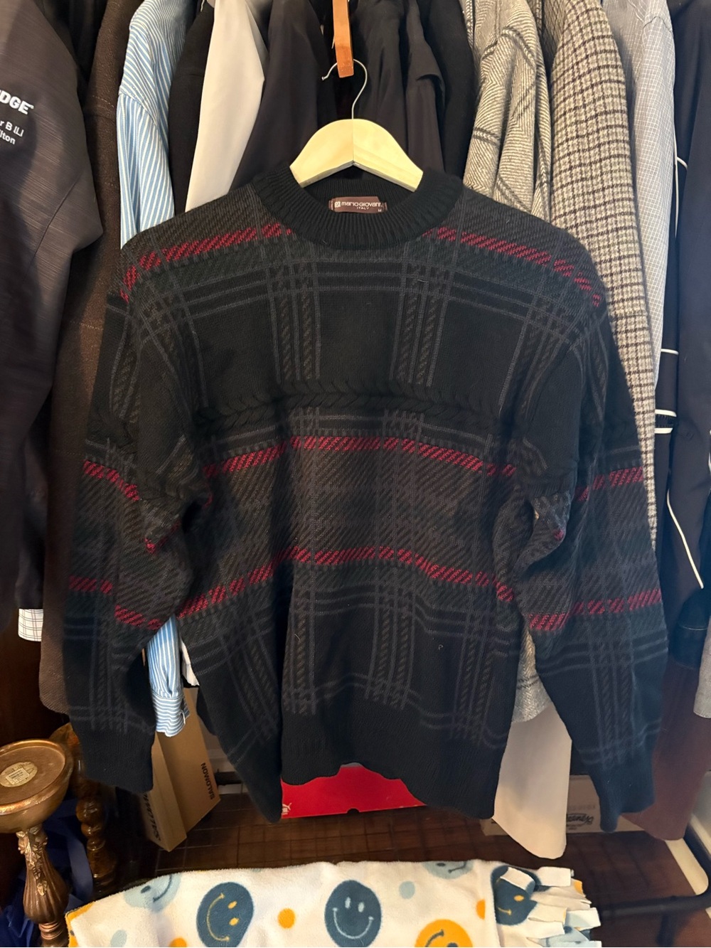 Women’s Black Patterned Crewneck Sweater with Red Stripes